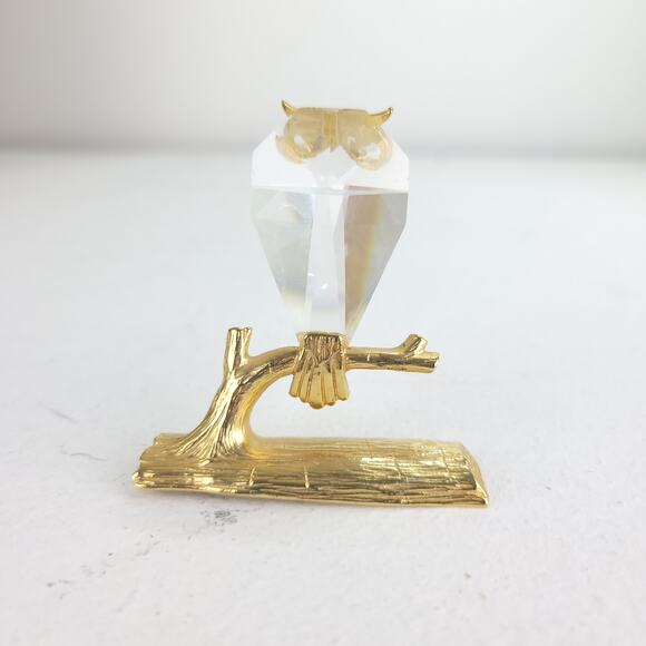 Vintage Owl on Branch Figurine Beveled Crystal Prism Gold Toned Glass Wise - Picture 3 of 8